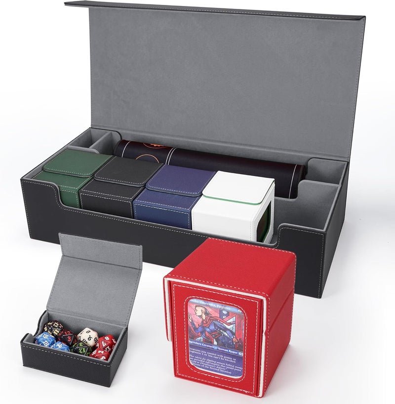 AFIING MTG Deck Box 6 In1 with MTG Playma,Premium Card Storage Box with 5 Pcs MTG Deck Box Holds 2400+ Trading Cards, Large TCG Card Deck Case for Magic Yugioh Sports Cards (Black&Grye) - Image 1